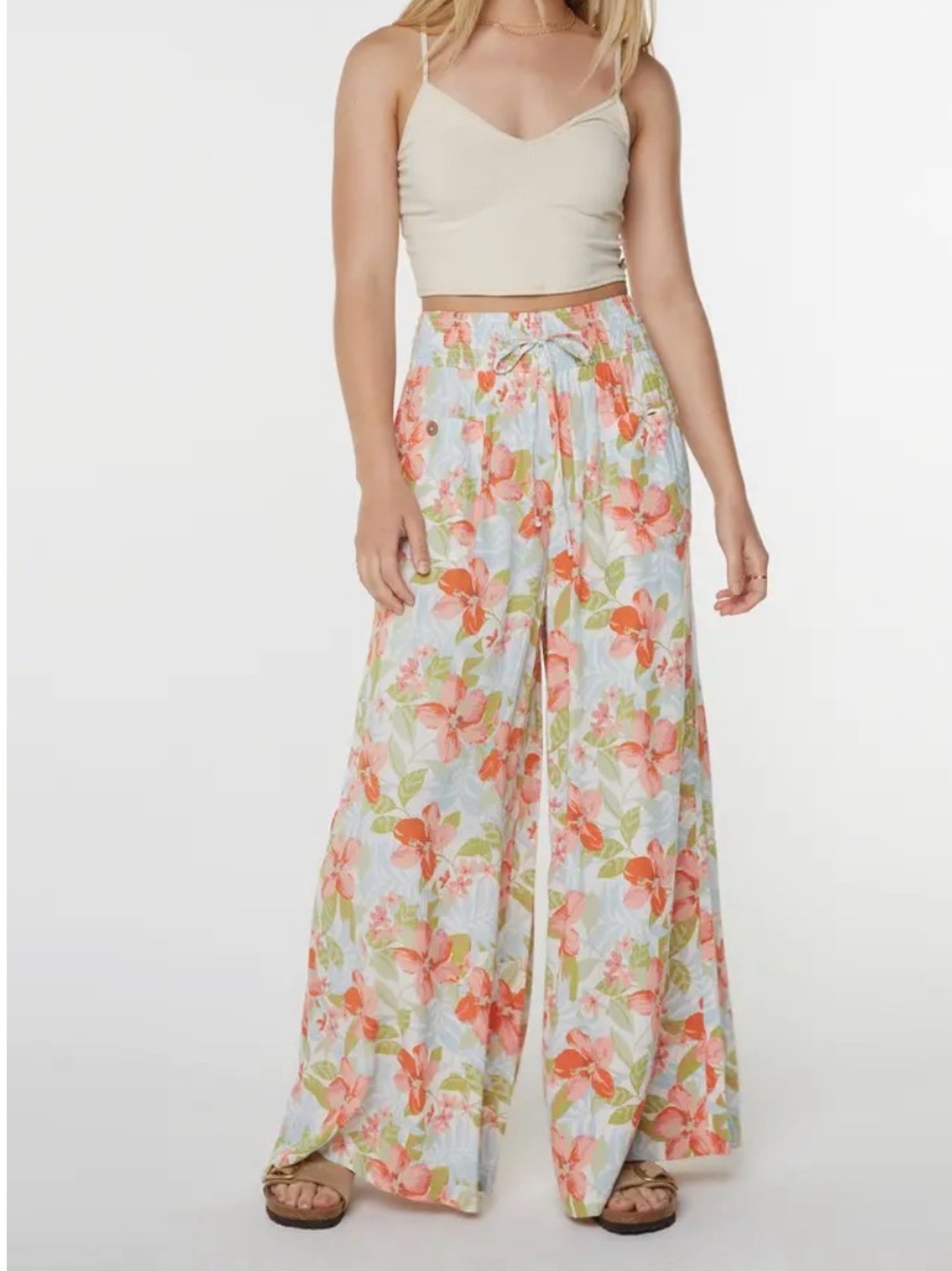 Roxy Wide-Leg Floral Beach Pants in Cream and Coral